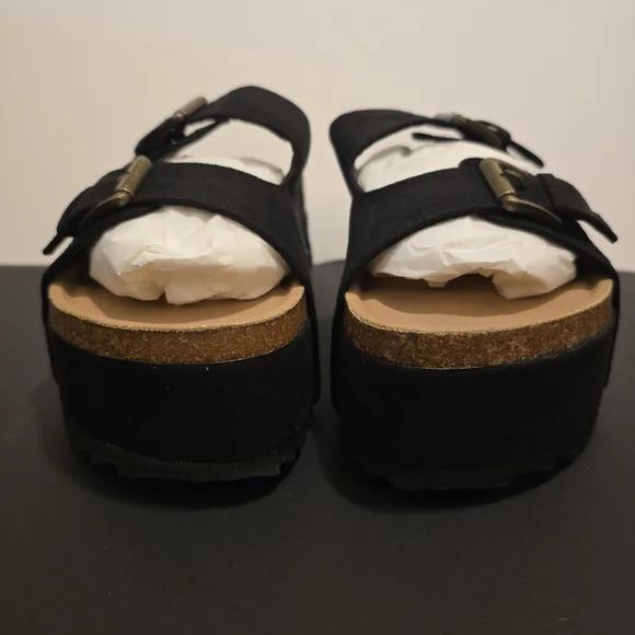 JUSTFAB Black Platform Sandals Slip On Flat Shoes Casual Summer Vacay Size 9 - Picture 6 of 14